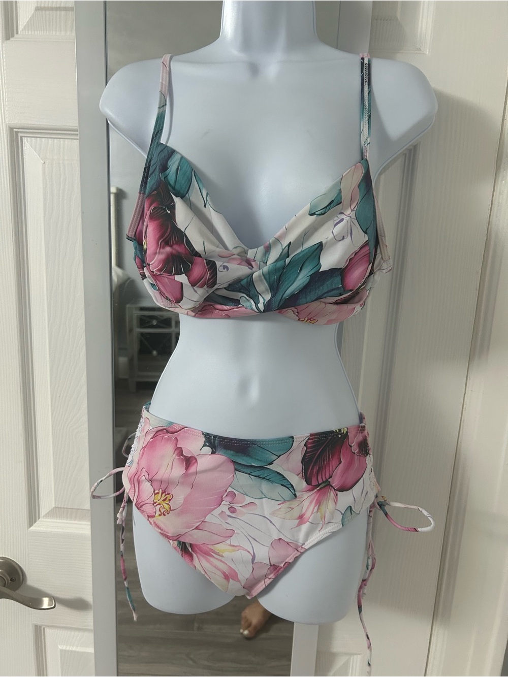 Derek Heart Pink and Teal Floral Cowl Bikini Set
